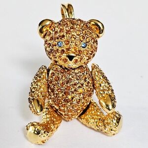Vtg PJM Teddy Bear Blue Eyes Brooch Pendant Articulated Gold Amber Rhinestone